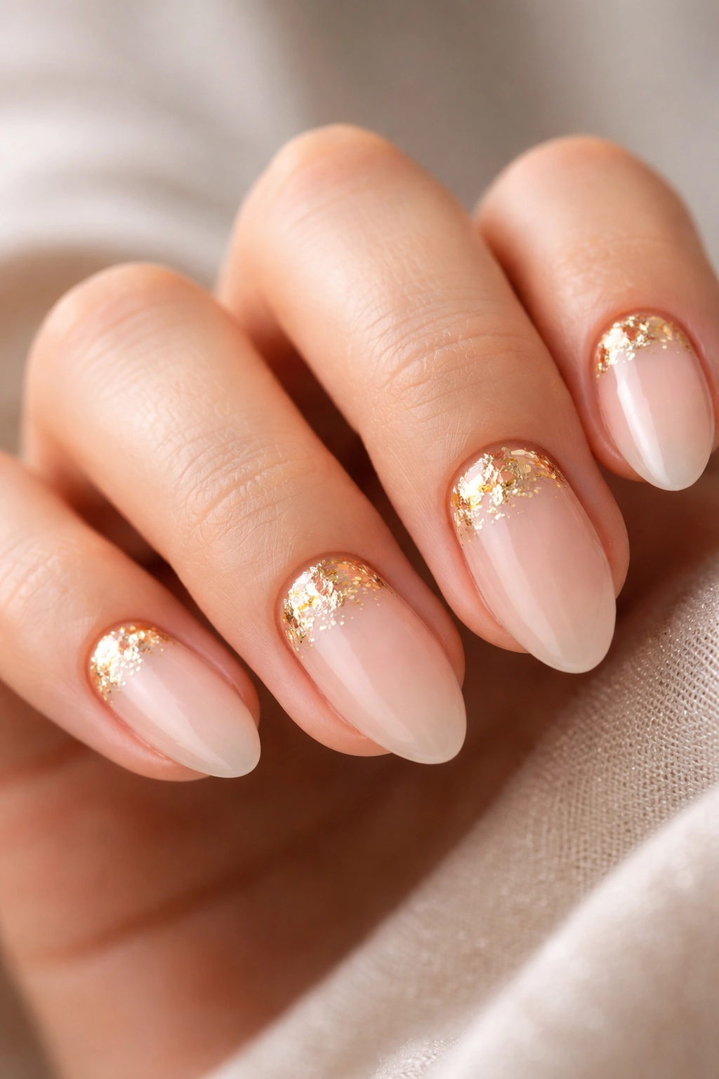 Close-up of nude almond nails with gold foil flecks