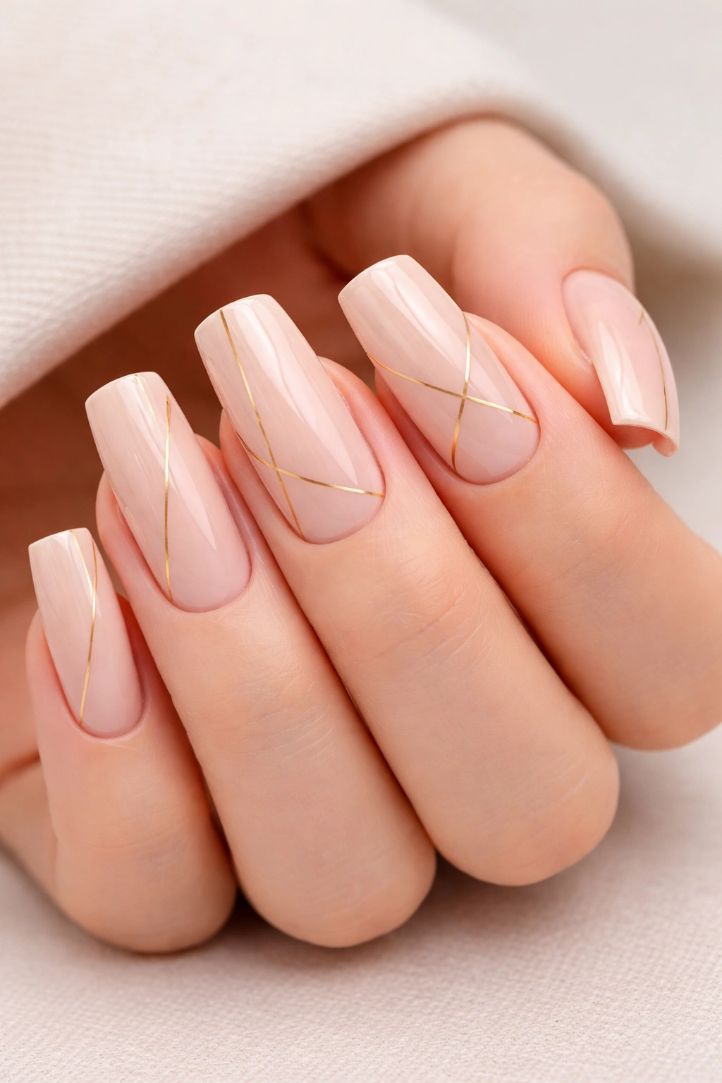 Close-up of nude long squoval nails with thin gold geometric lines