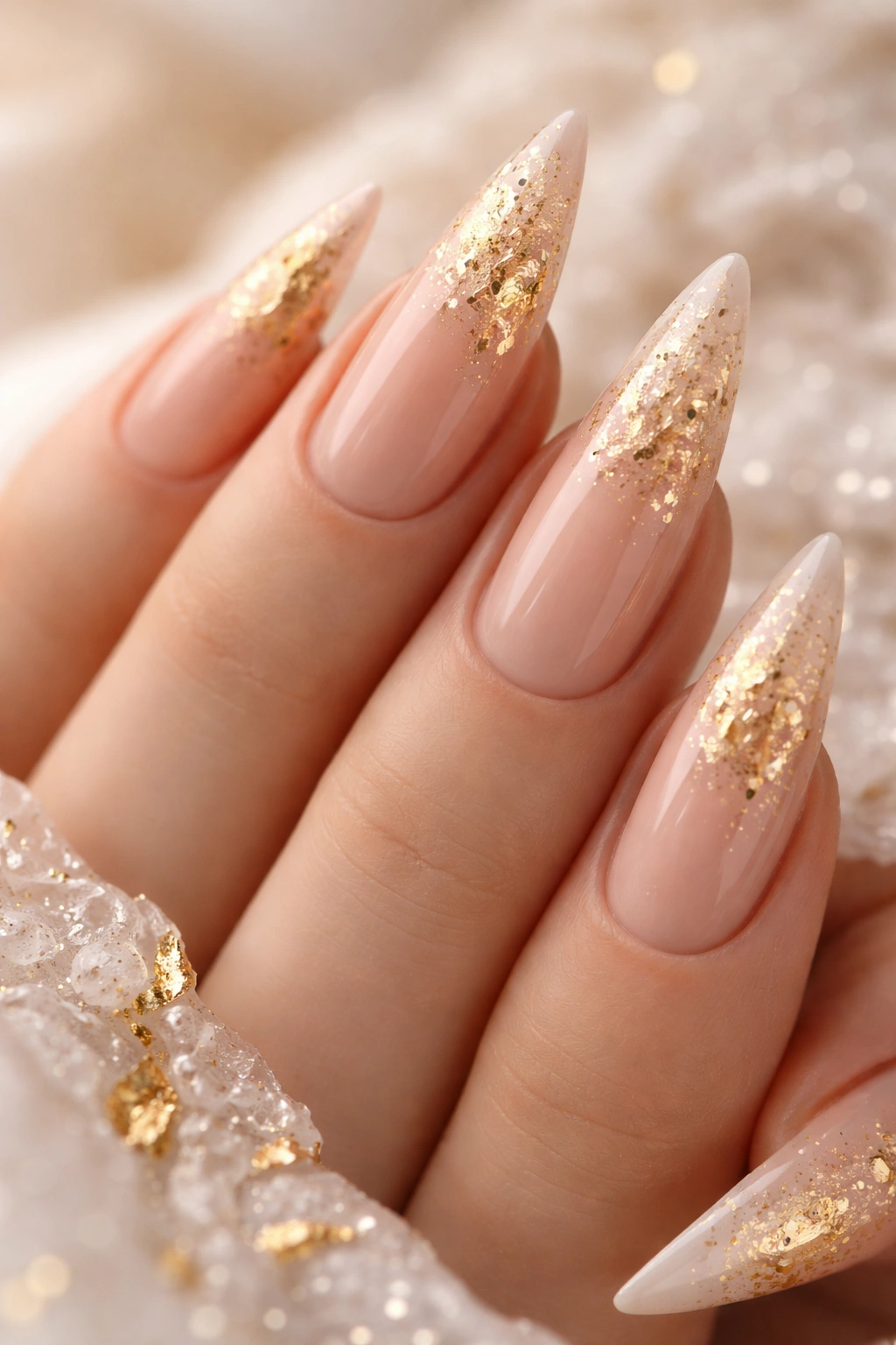 Close-up of nude nails with delicate gold leaf accents
