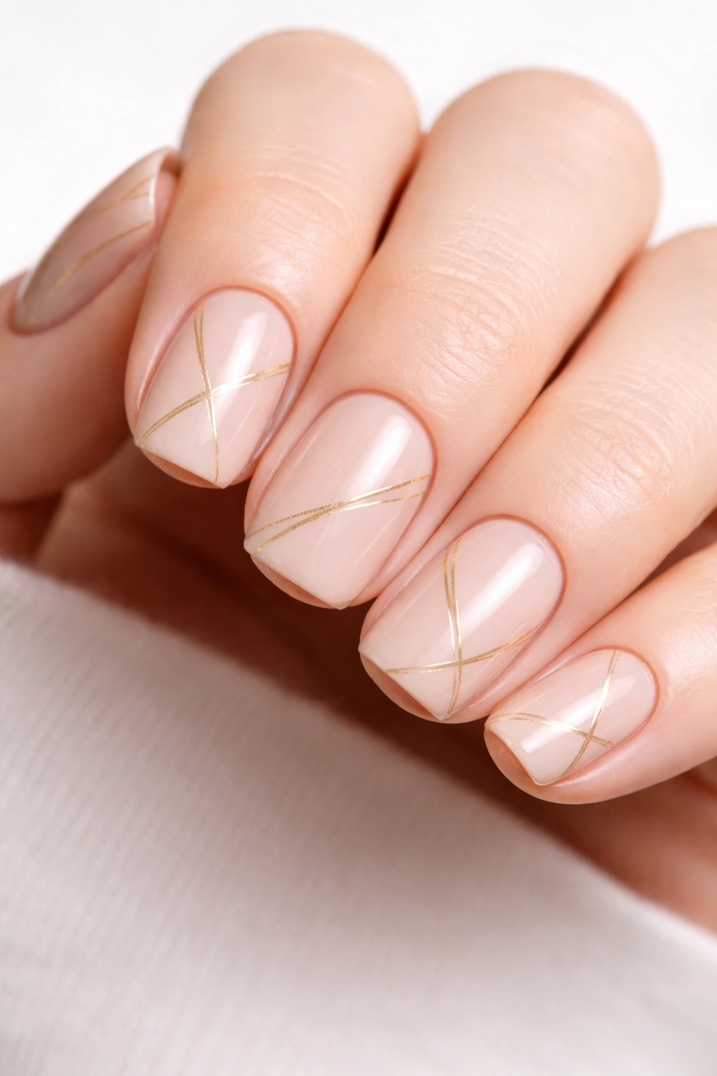 Short squoval nails with delicate gold lines on nude base