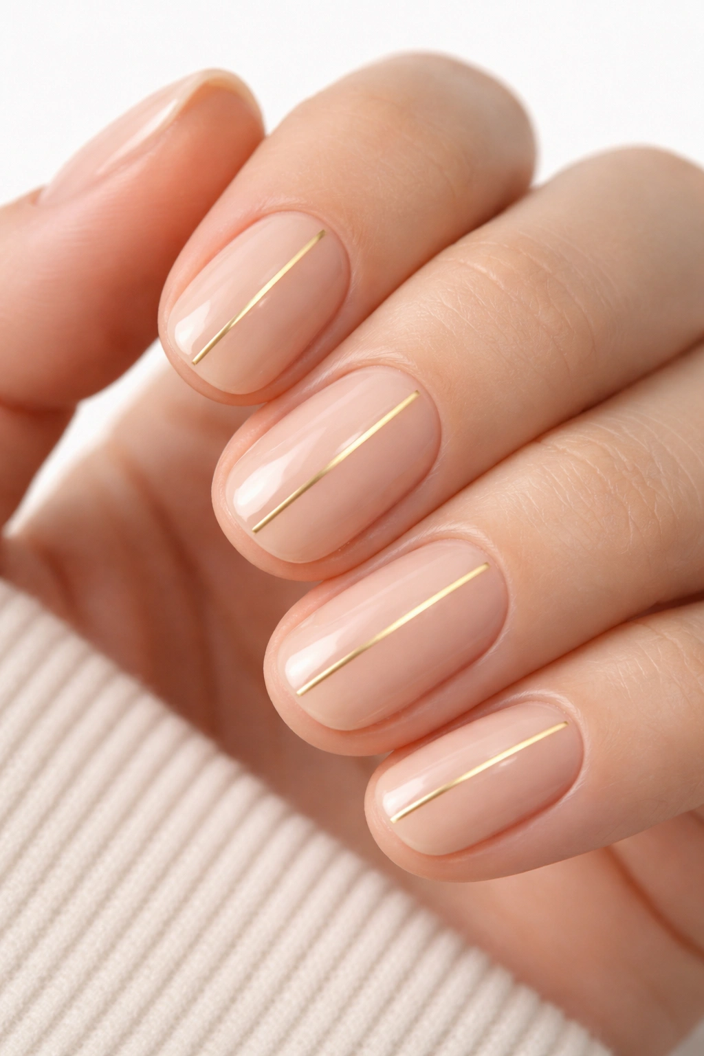 Close-up of nude nails with a single gold stripe