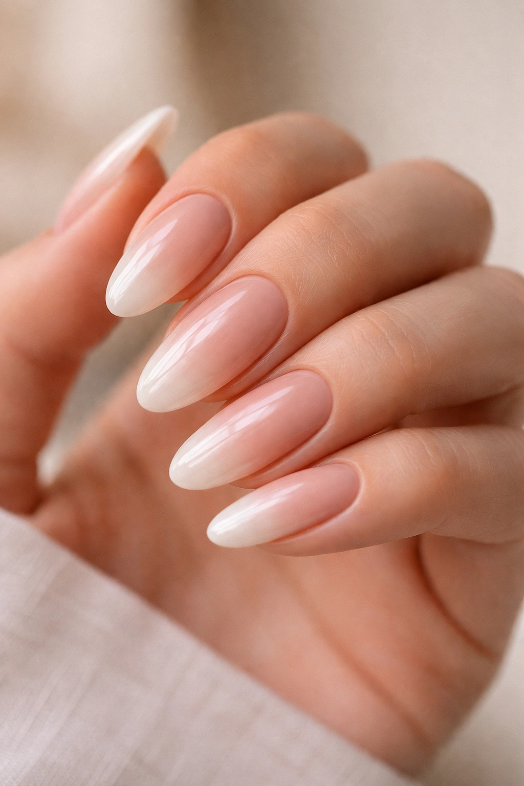 Long oval nails with glossy nude gradient fade from cuticle to tip.