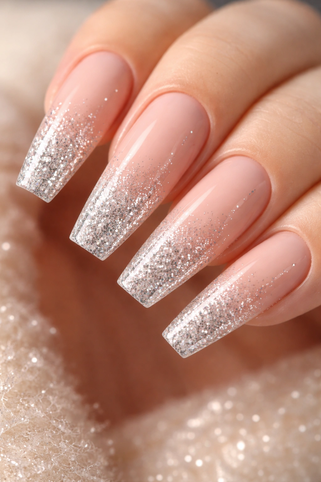Close-up of nude-to-glitter coffin nail gradient