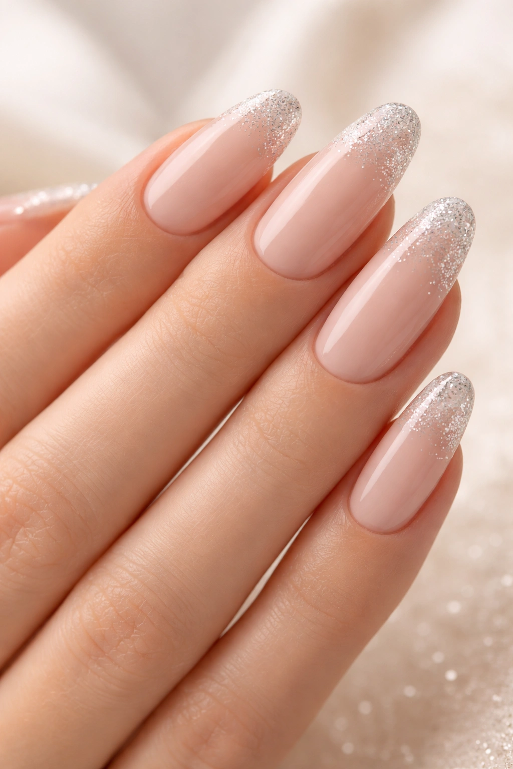 Close-up of long oval nails with nude-to-glitter gradient and subtle shimmer