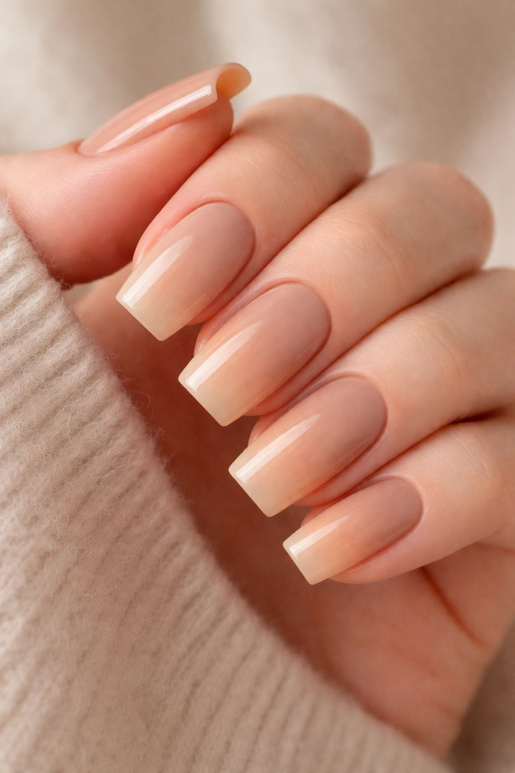 Close-up of soft square nails with a seamless nude gradient