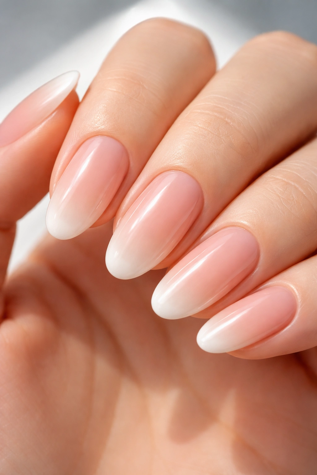 Oval nails with nude gradient tips and soft contour