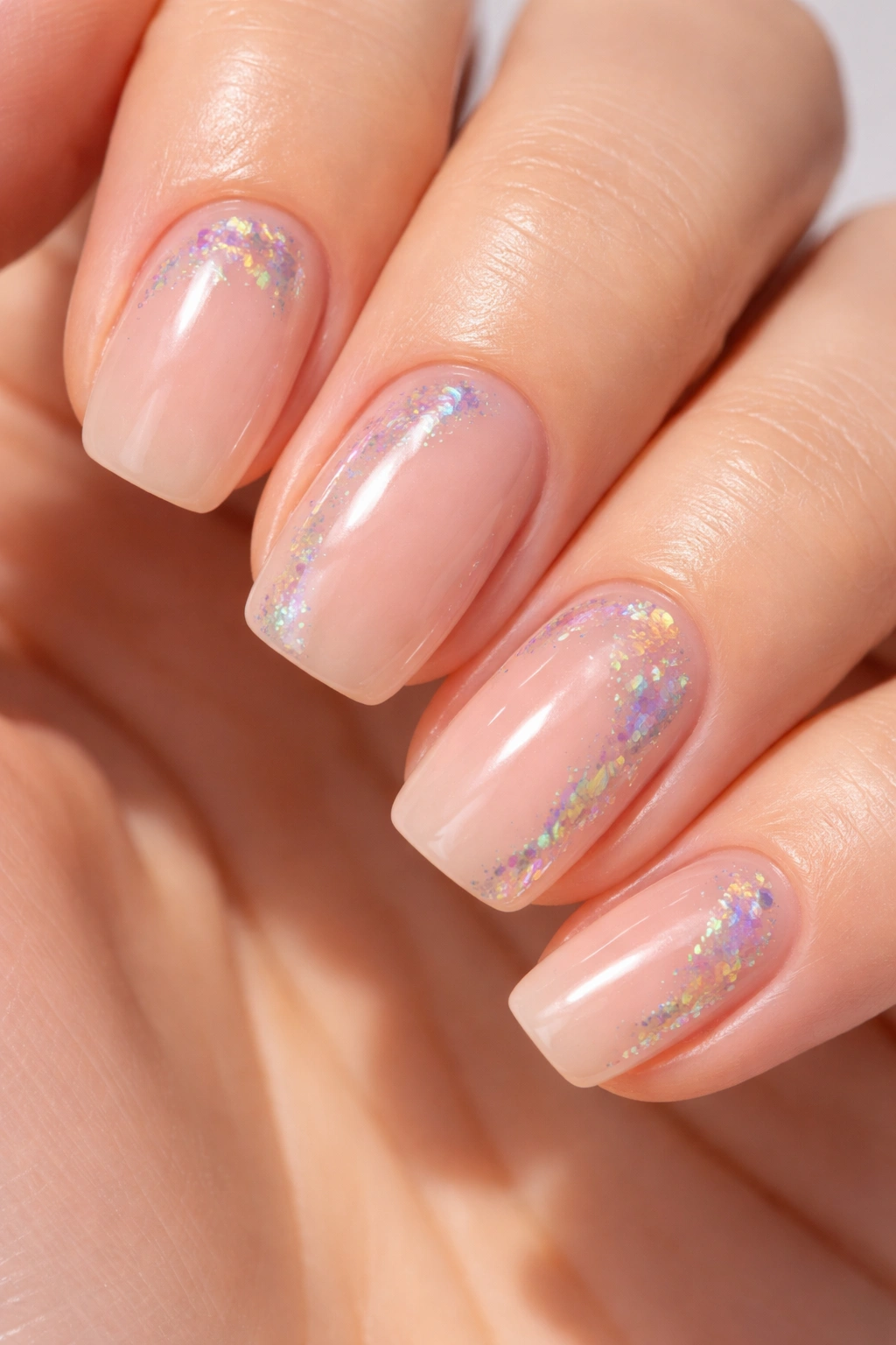 Close-up of nude nails with holographic foil accents catching light