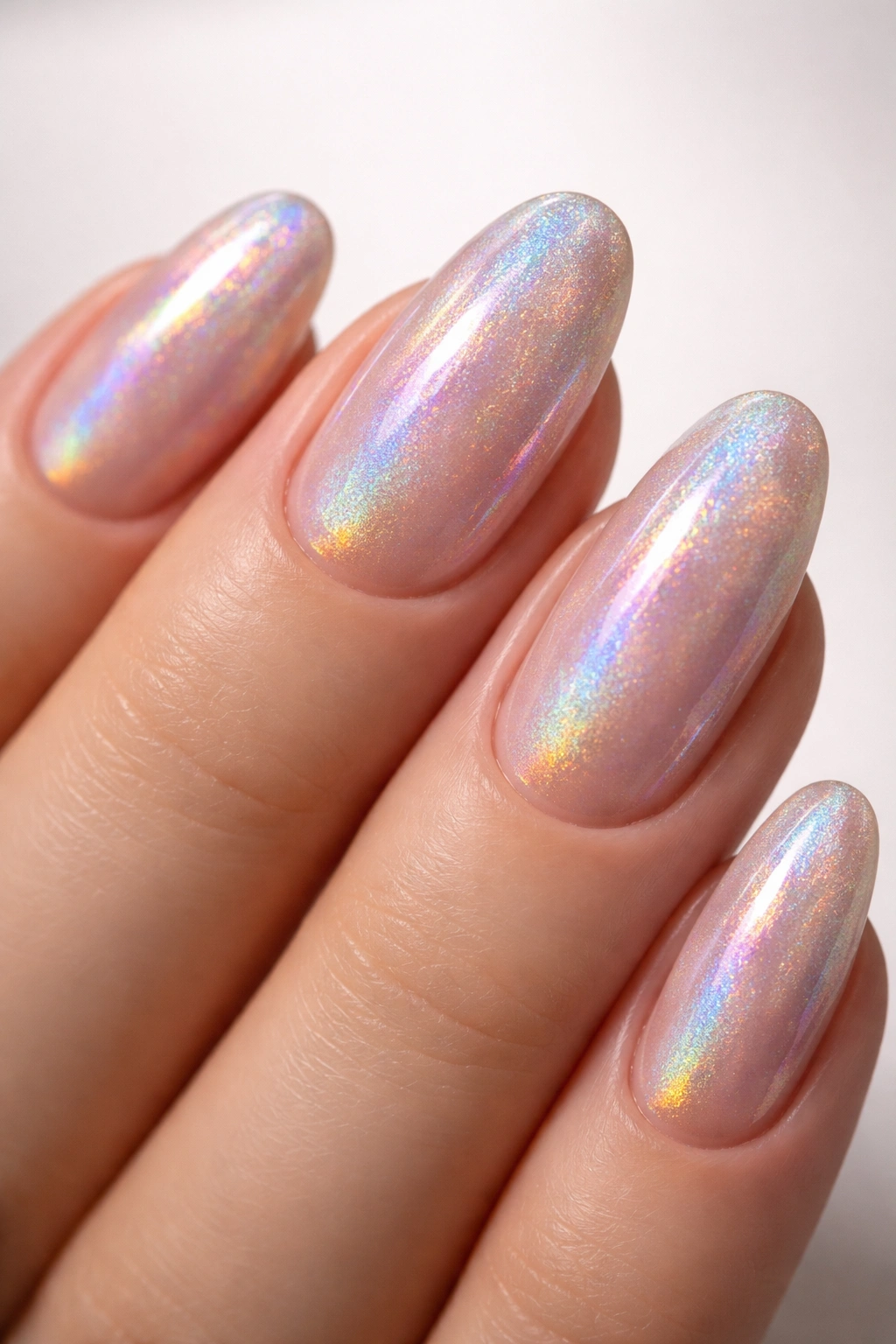 Close-up of nails with nude base and holographic shimmer