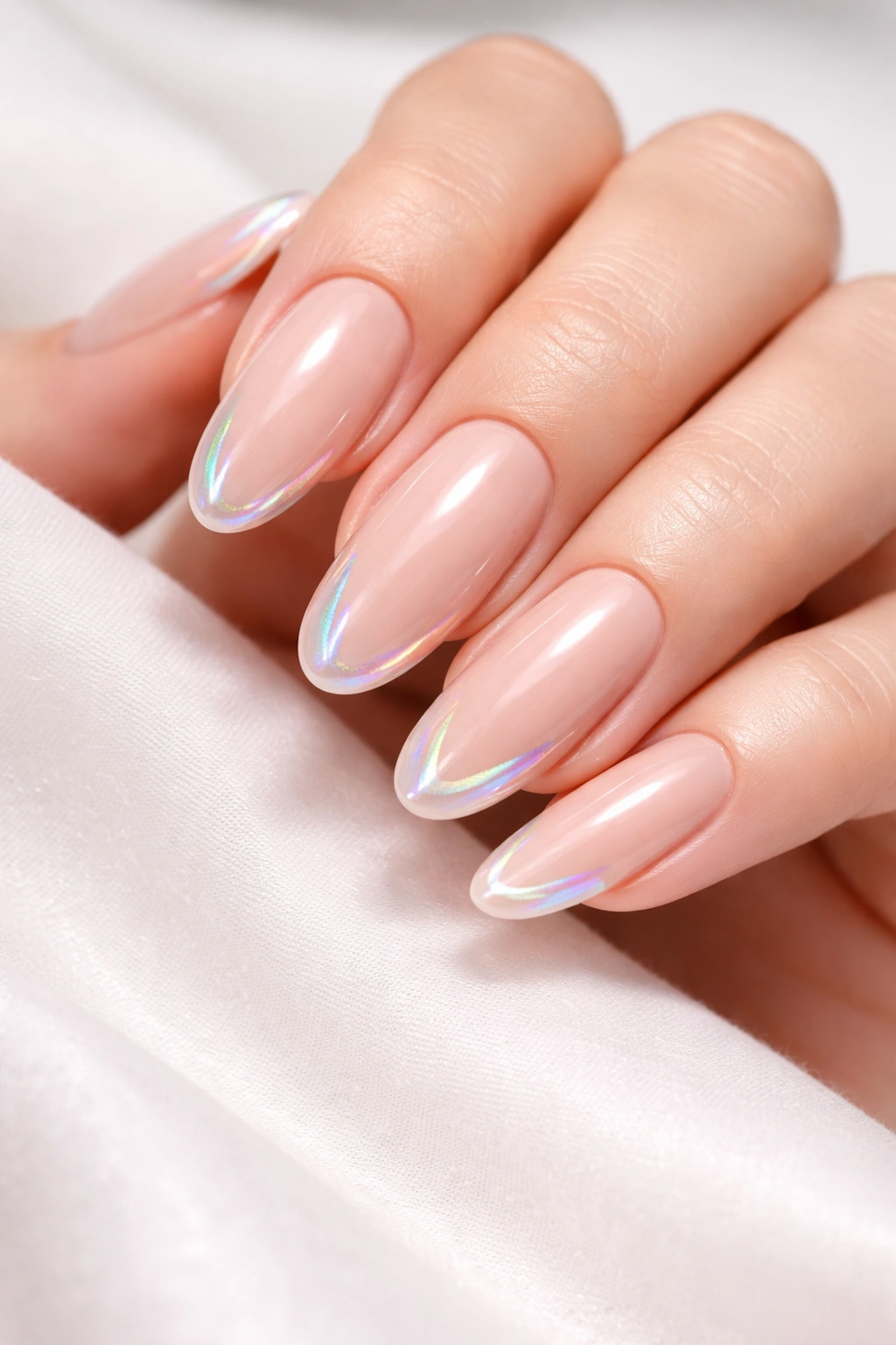 Close-up of nude nails with holographic accents on long round acrylic nails
