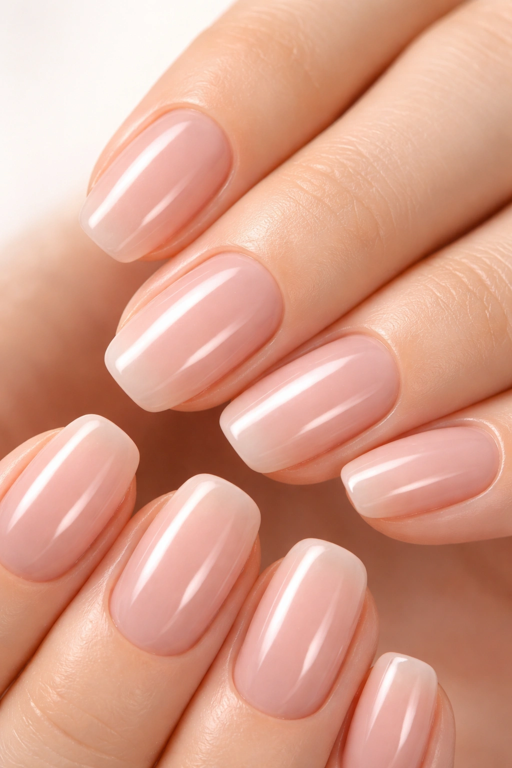 Close-up of nails with nude rosy jelly glaze and luminous finish