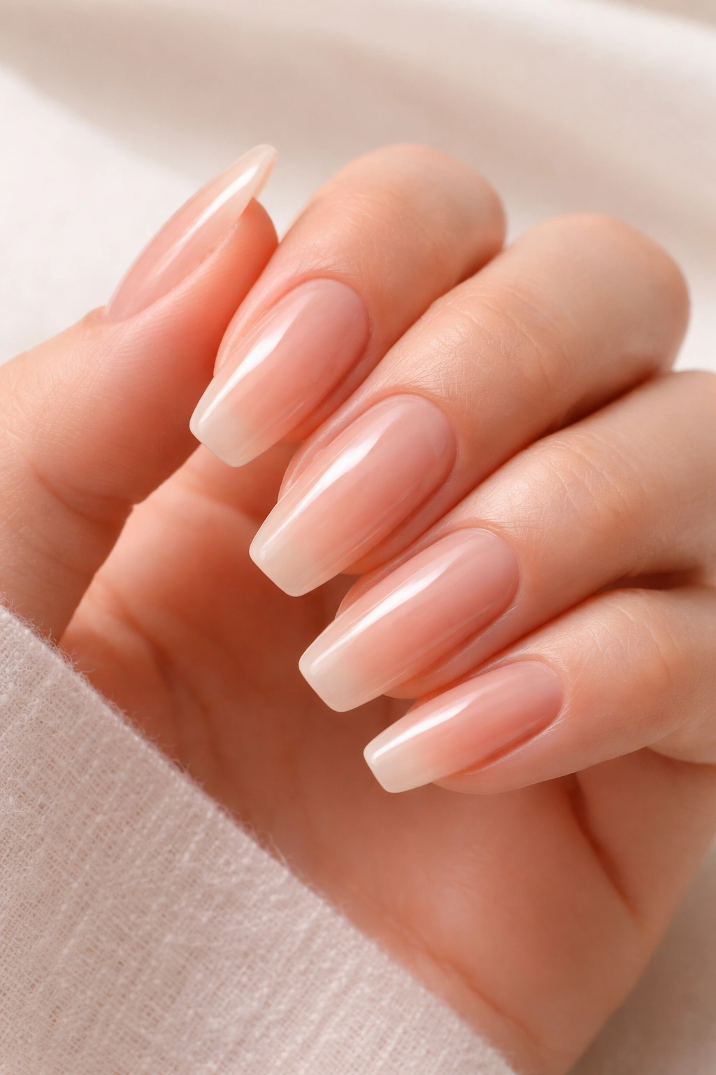 Close-up of barely-there nude jelly manicure showing sheer nude with natural nail visible