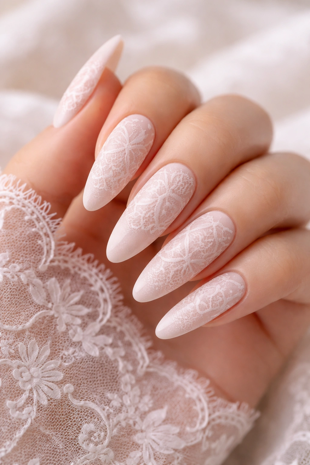 Nude nails with gossamer white lace pattern on almond shape