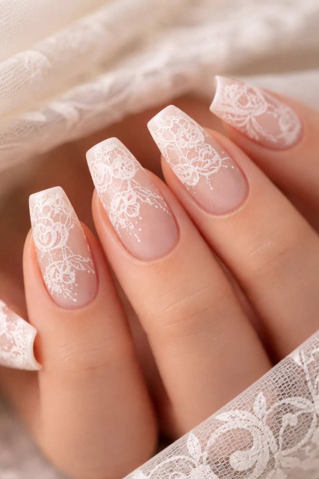 Nude coffin nails with delicate lace pattern