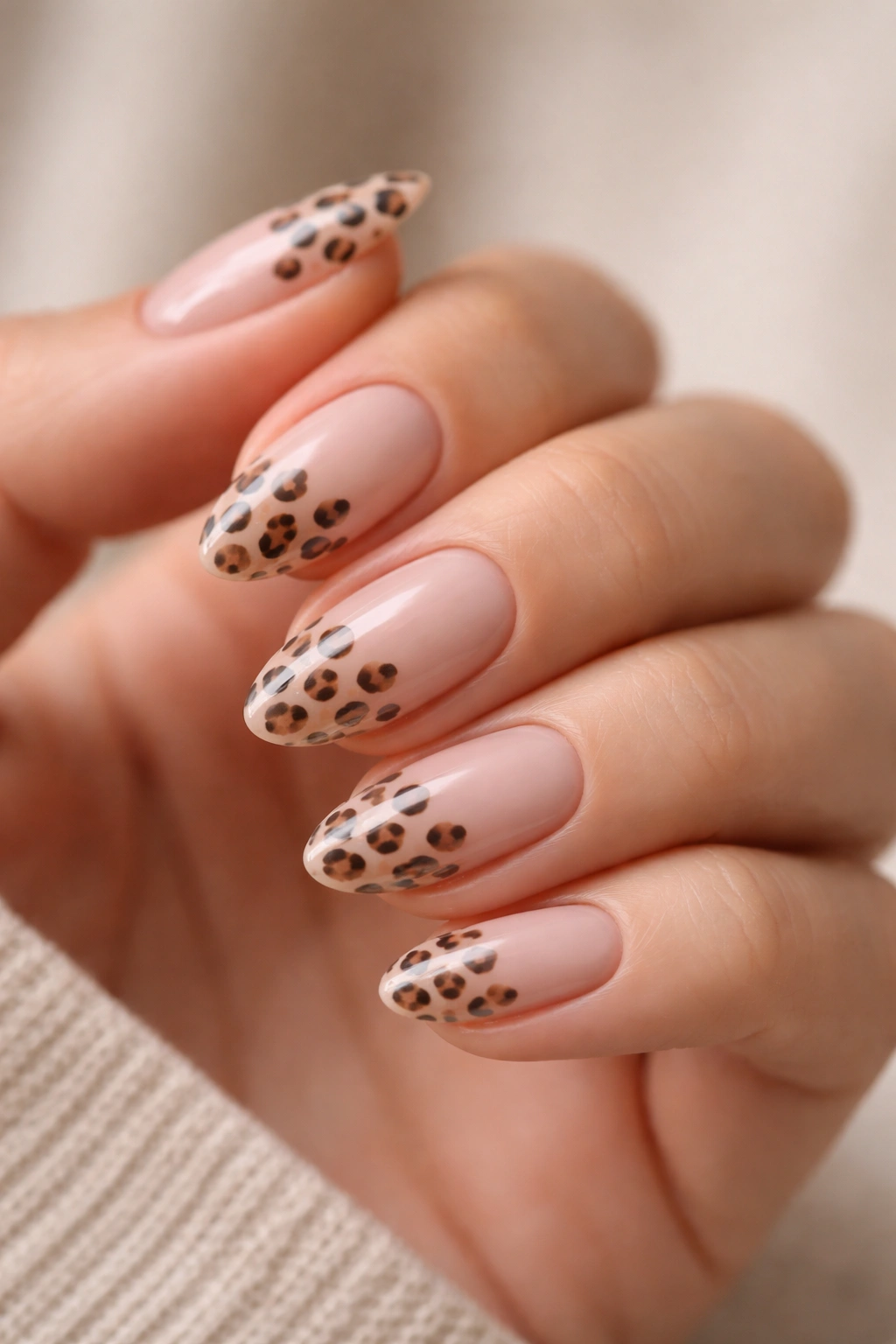 Close-up of short almond nails with nude base and brown-black leopard spots in a subtle, polished pattern