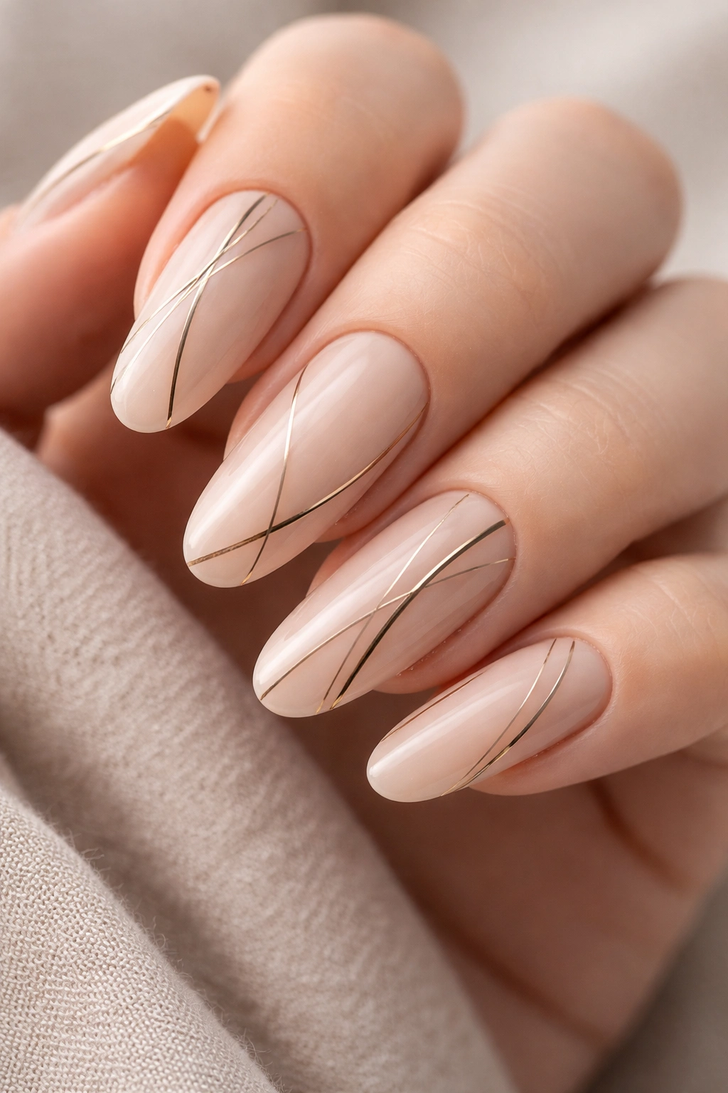 Close-up of long round acrylic nails with pale nude base and fine line detailing