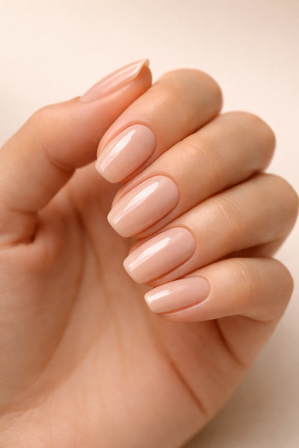 Close-up of hand with glossy nude nails on a neutral background