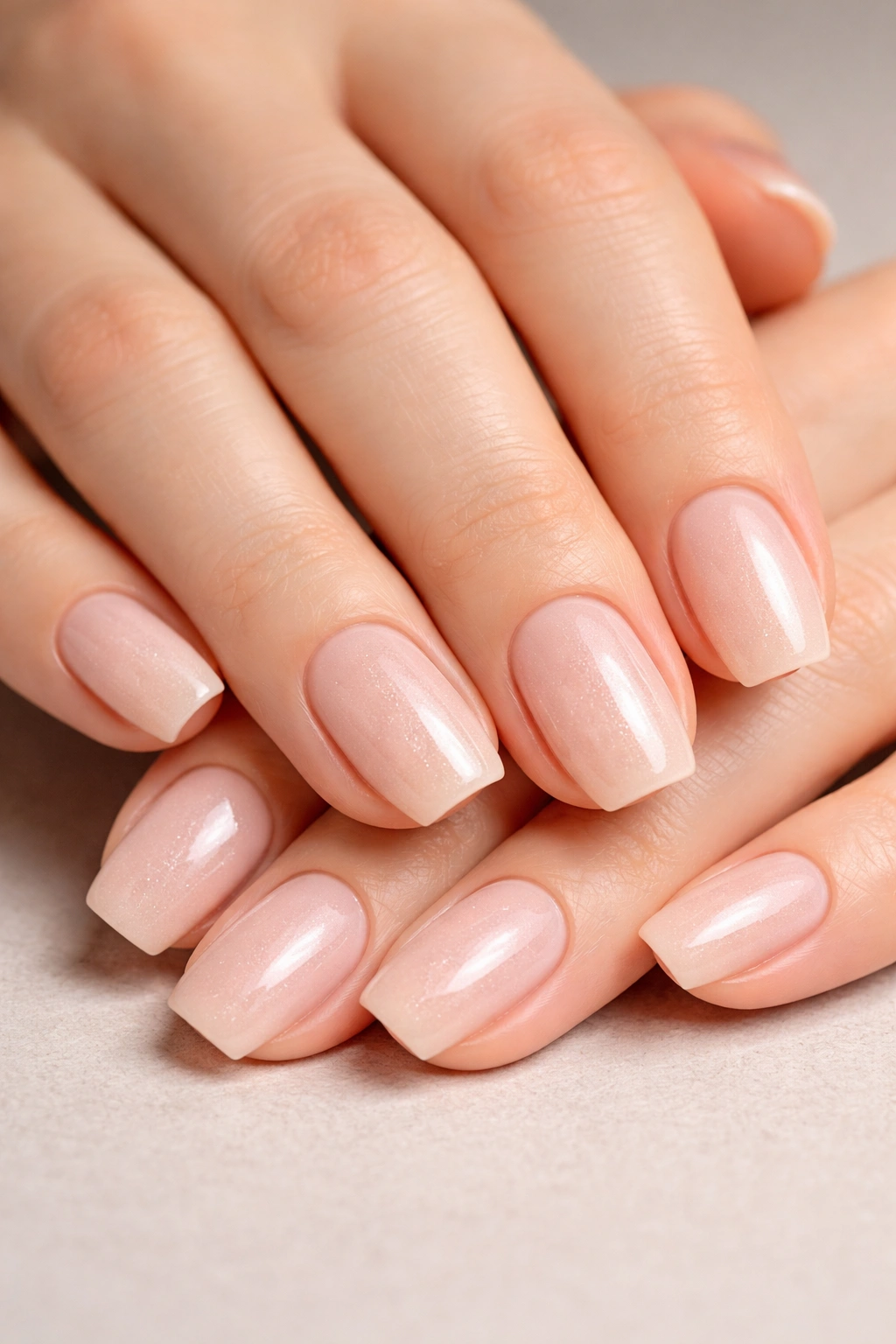 Close-up of short coffin nails in nude shade with subtle shimmer