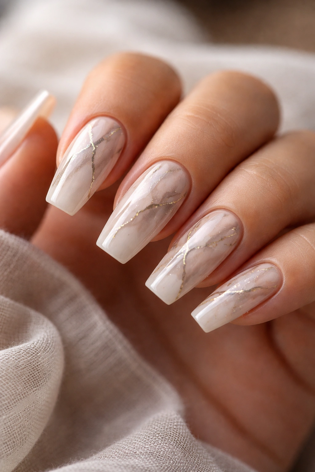Nude coffin nails with subtle gray and white marble veining