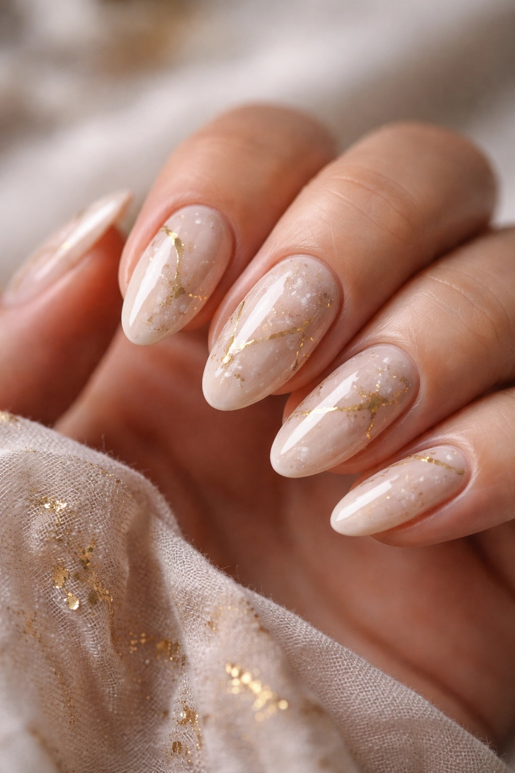 Nude marble nails with white marble veins and gold foil on short almond nails