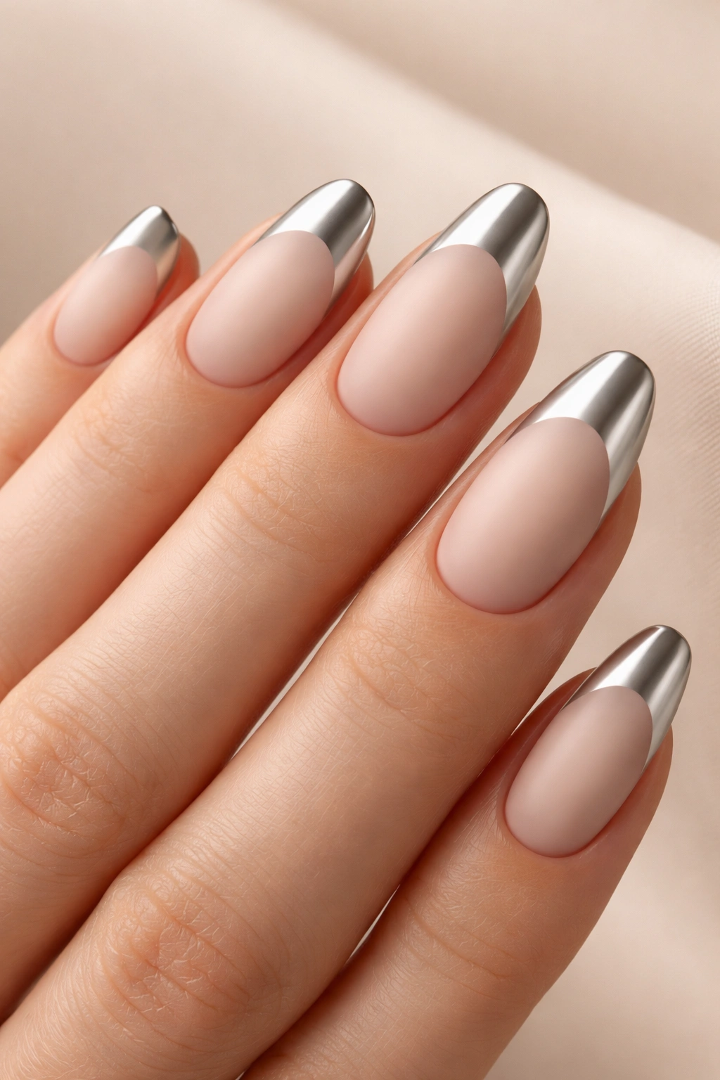 Close-up of nude nails with matte chrome French tips