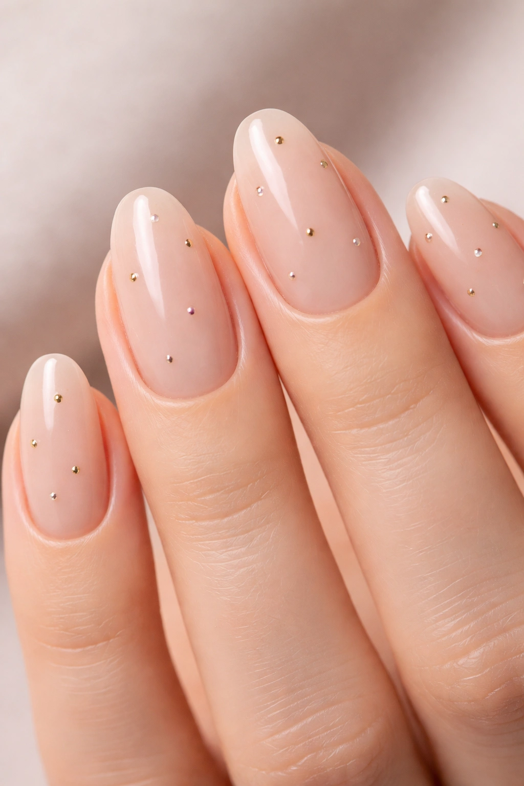 Nails with nude base and tiny metallic gold dots for minimalist elegance