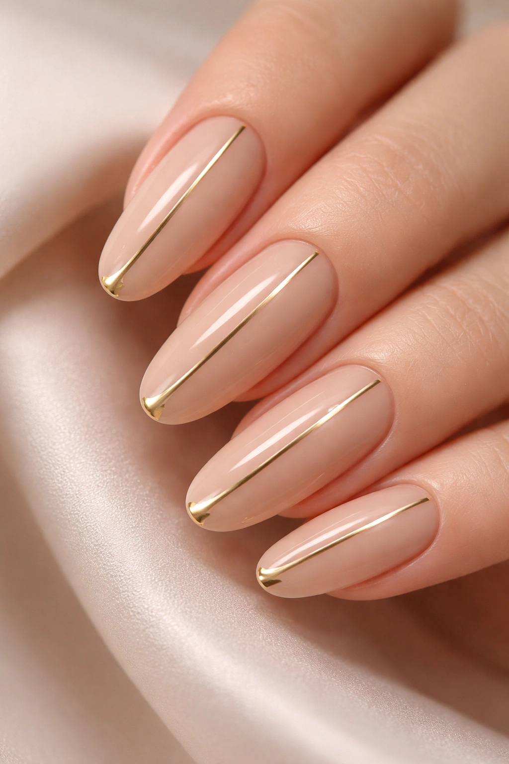 Close-up of a nude round acrylic nail with a thin gold line accent