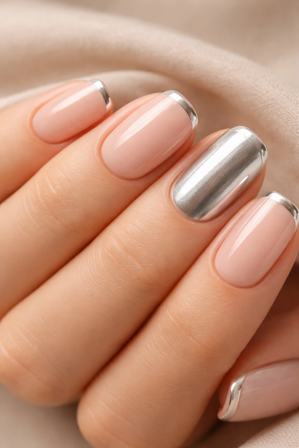 Close-up of short squoval nails with nude base and one metallic accent nail