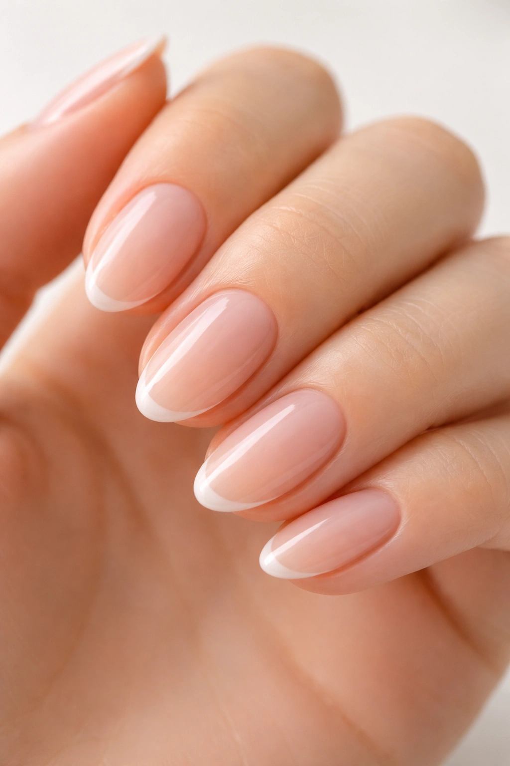 Close-up of nude micro French nails on short almond tips