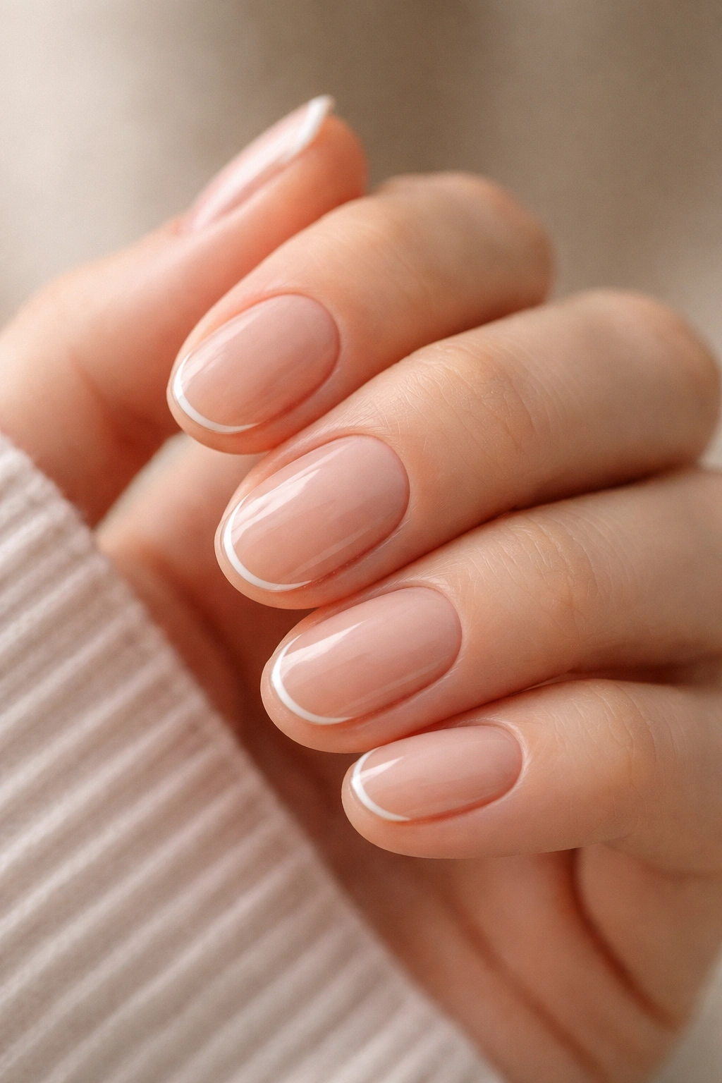 Close-up of short oval nails with a nude base and micro French tip