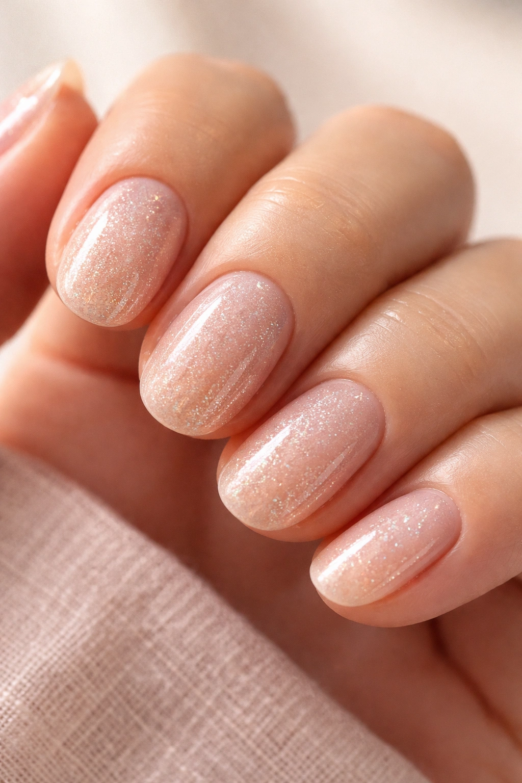 Close-up of short oval nails with nude base and micro glitter