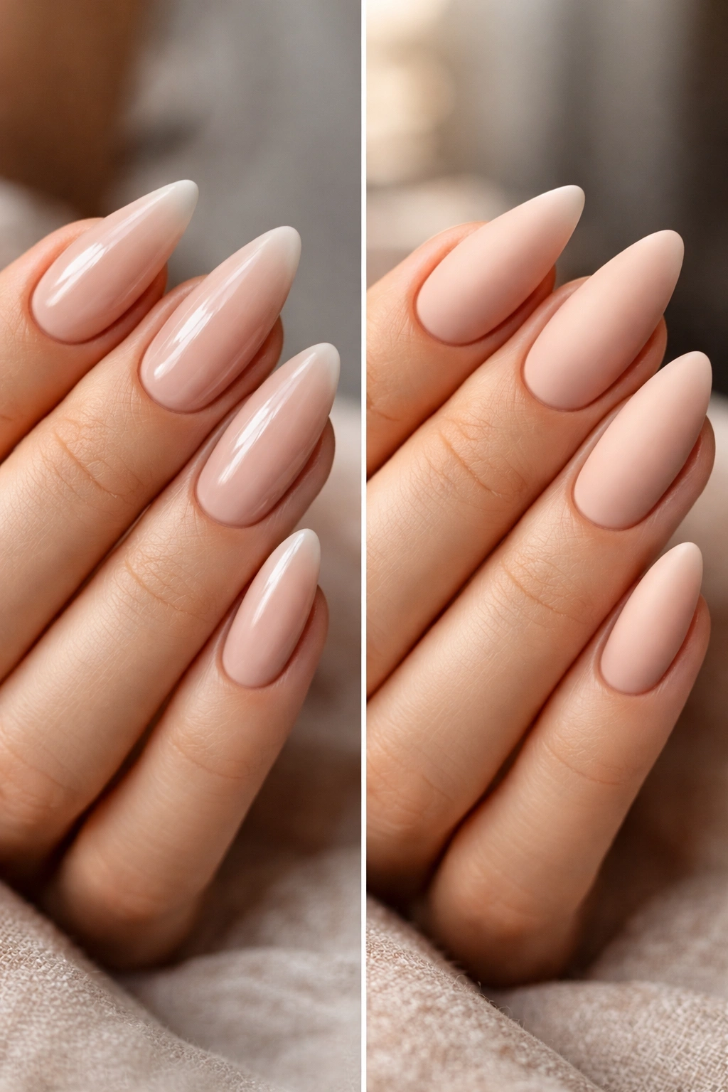 Almond nails with glossy and matte nude finishes showing mood change