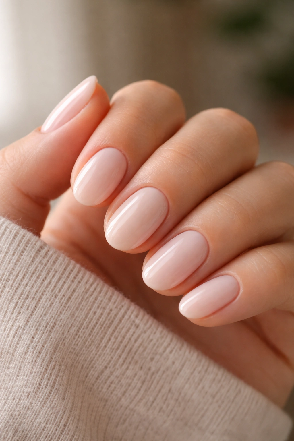 Close-up of hand showing different pale nude short oval gel extensions to illustrate style options