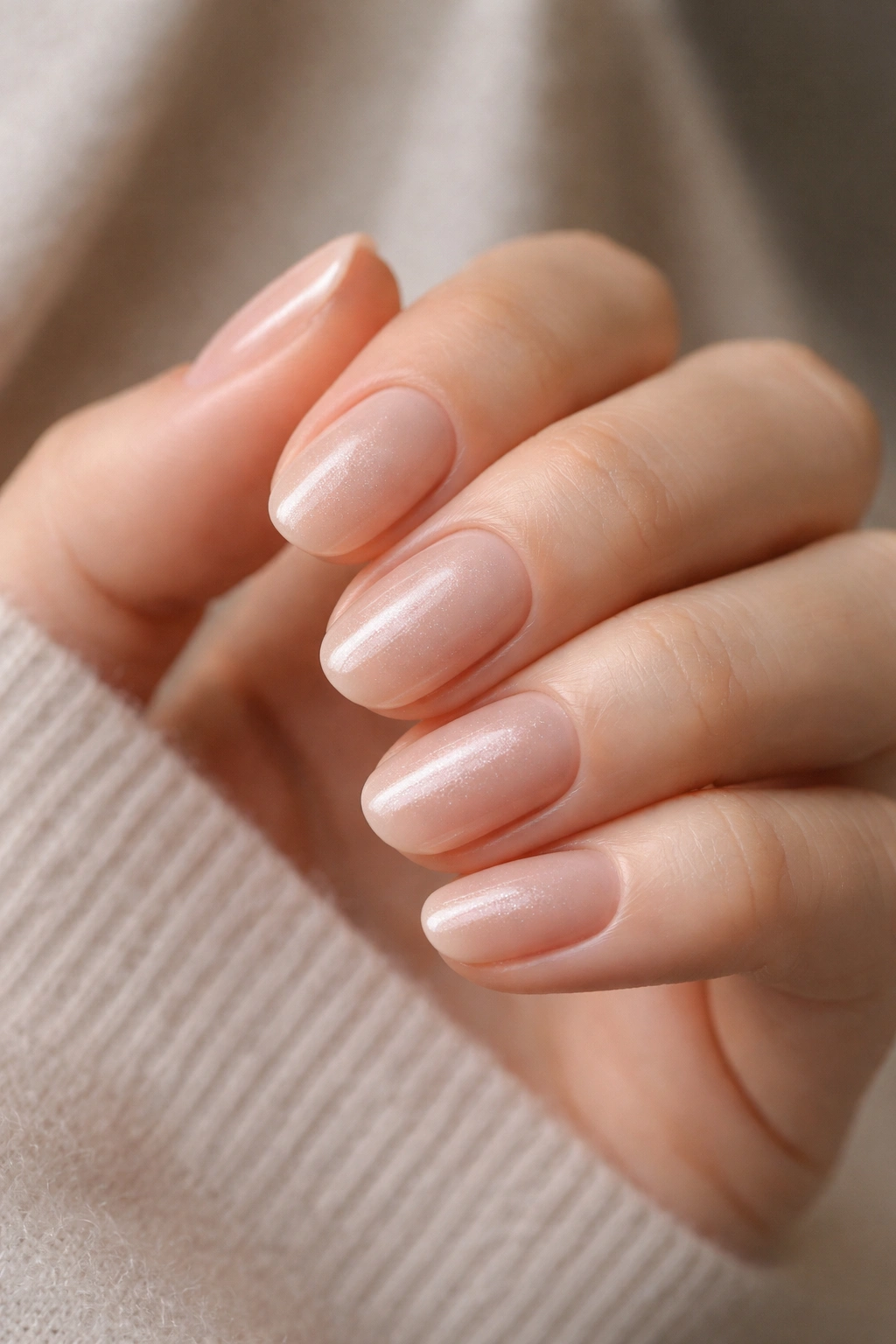 Close-up of short oval nails with nude base and pearl sheen