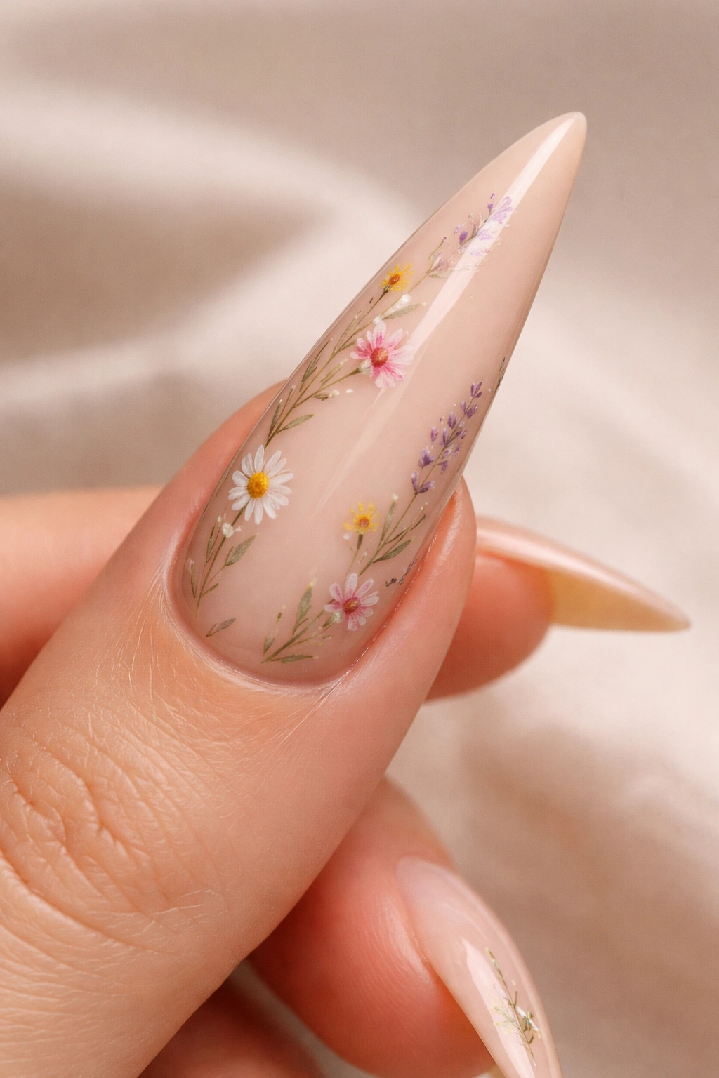 Nude curved stiletto nail with scattered hand-painted wildflowers
