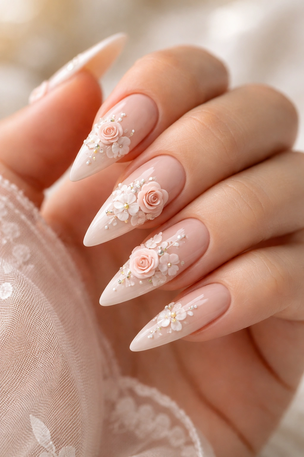 Nude nails with 3D floral accents on stiletto shape