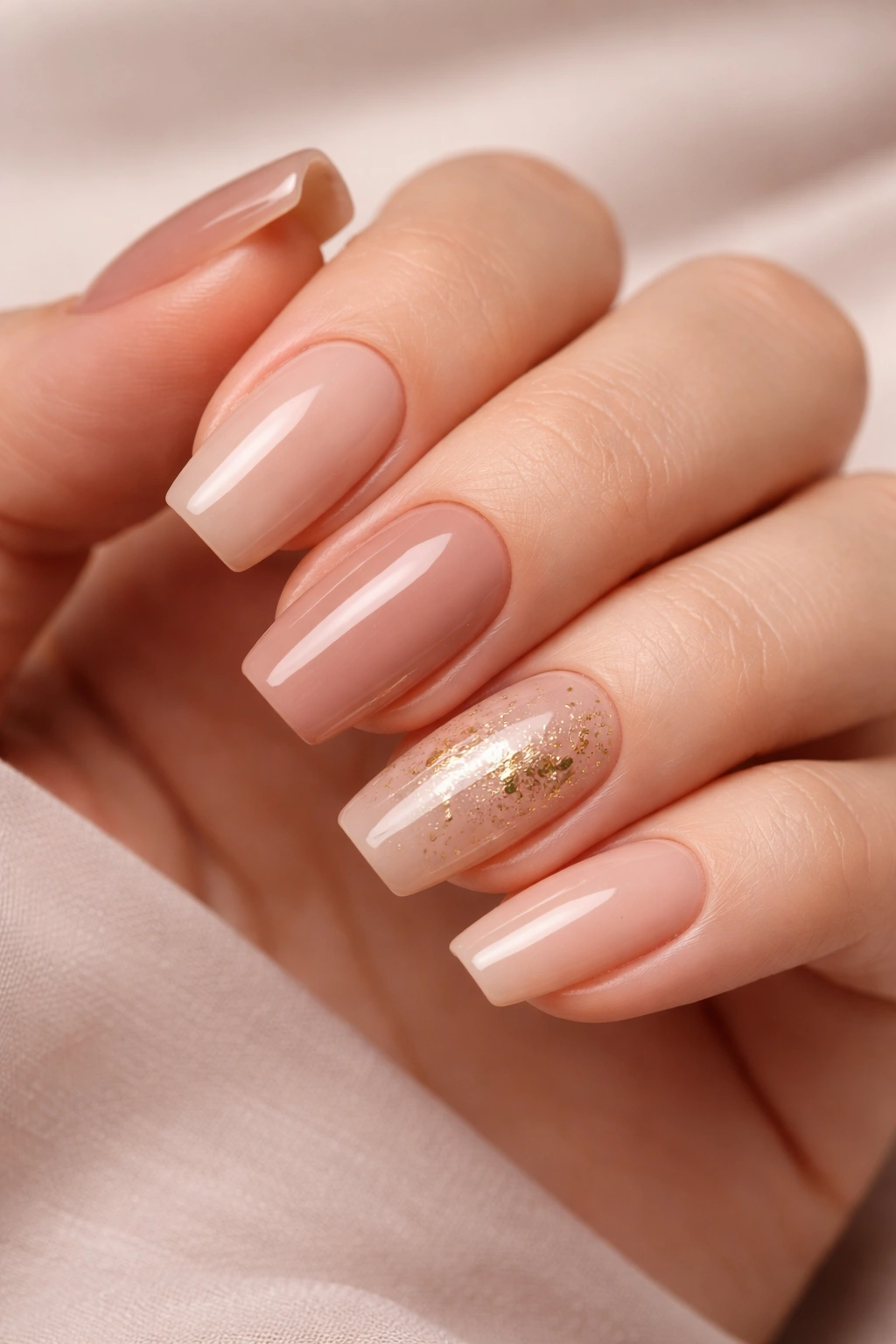 Nude acrylic nails in medium length with a glossy finish and gold foil accent