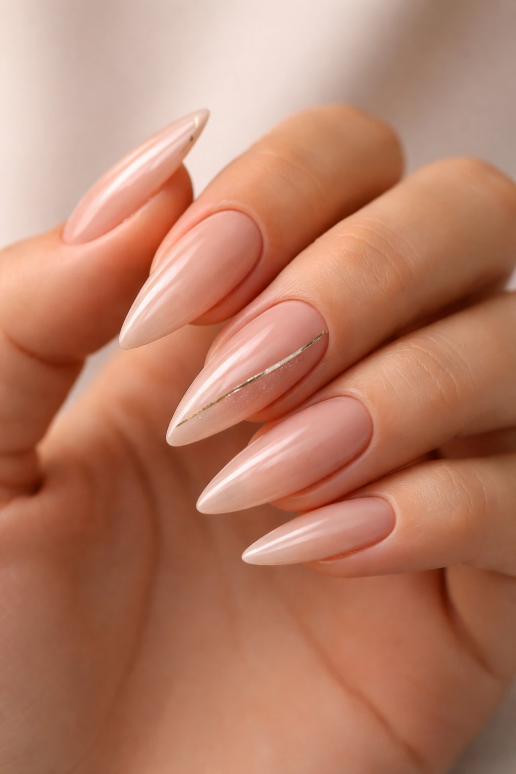 Nude stiletto nails with metallic accent on an elegantly manicured hand