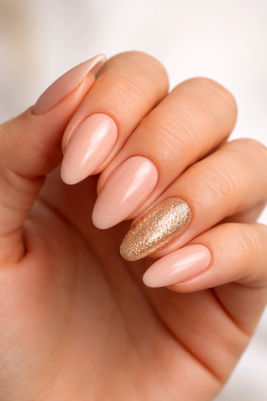 Close-up of nude almond nails with one glittery accent nail on a white background
