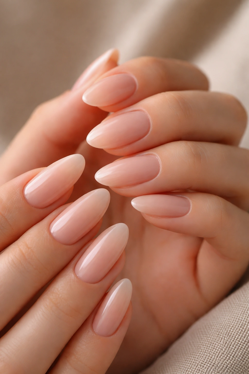 Close-up of nude almond nails with sheer nude tones