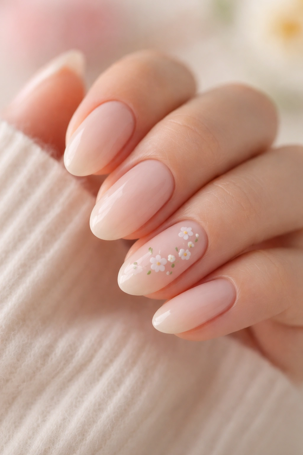 Close-up nude almond nails with tiny floral details on accent nail