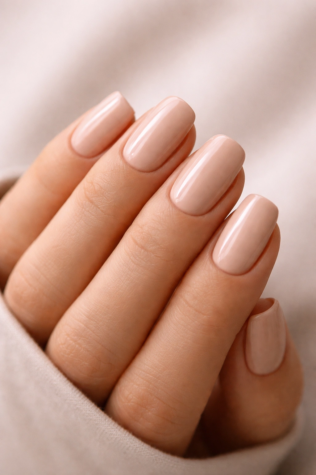 Close-up of nude beige nails on a manicured hand against a neutral background