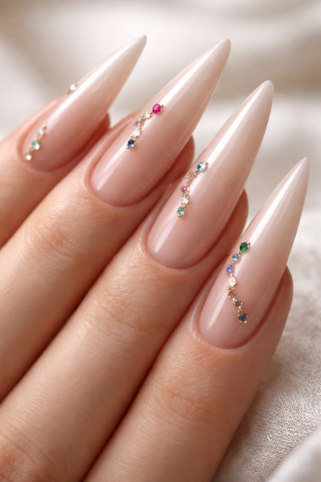 Close-up of nude stiletto nails with birthstone charms
