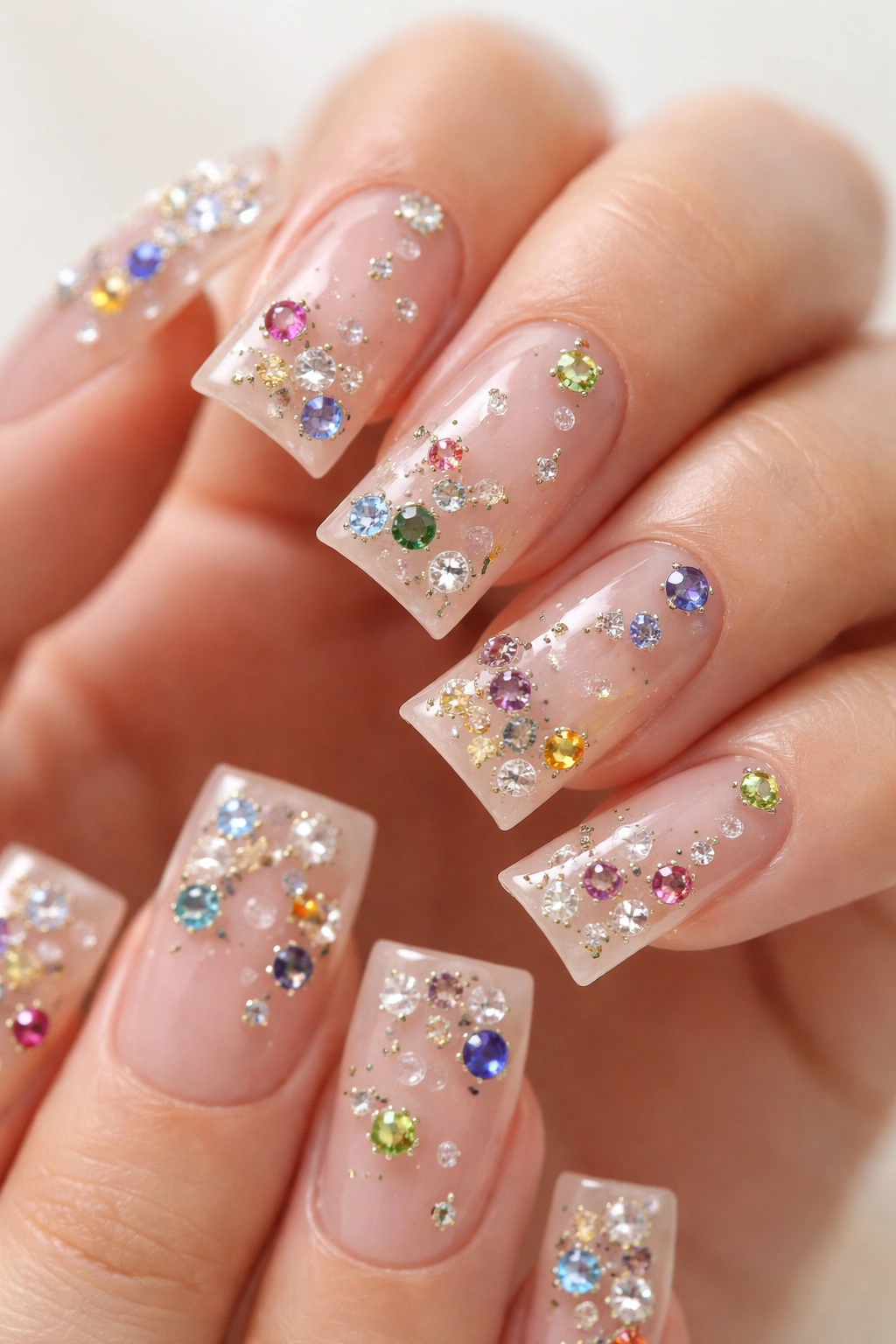 Close-up of translucent nude nails with scattered birthstone crystals