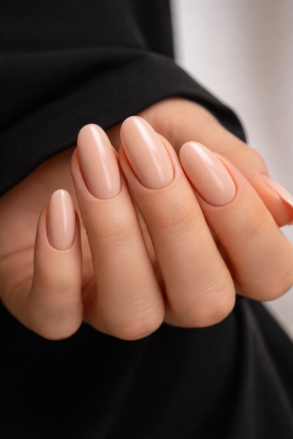 Close-up of nude nails on a hand with a black dress sleeve in the background