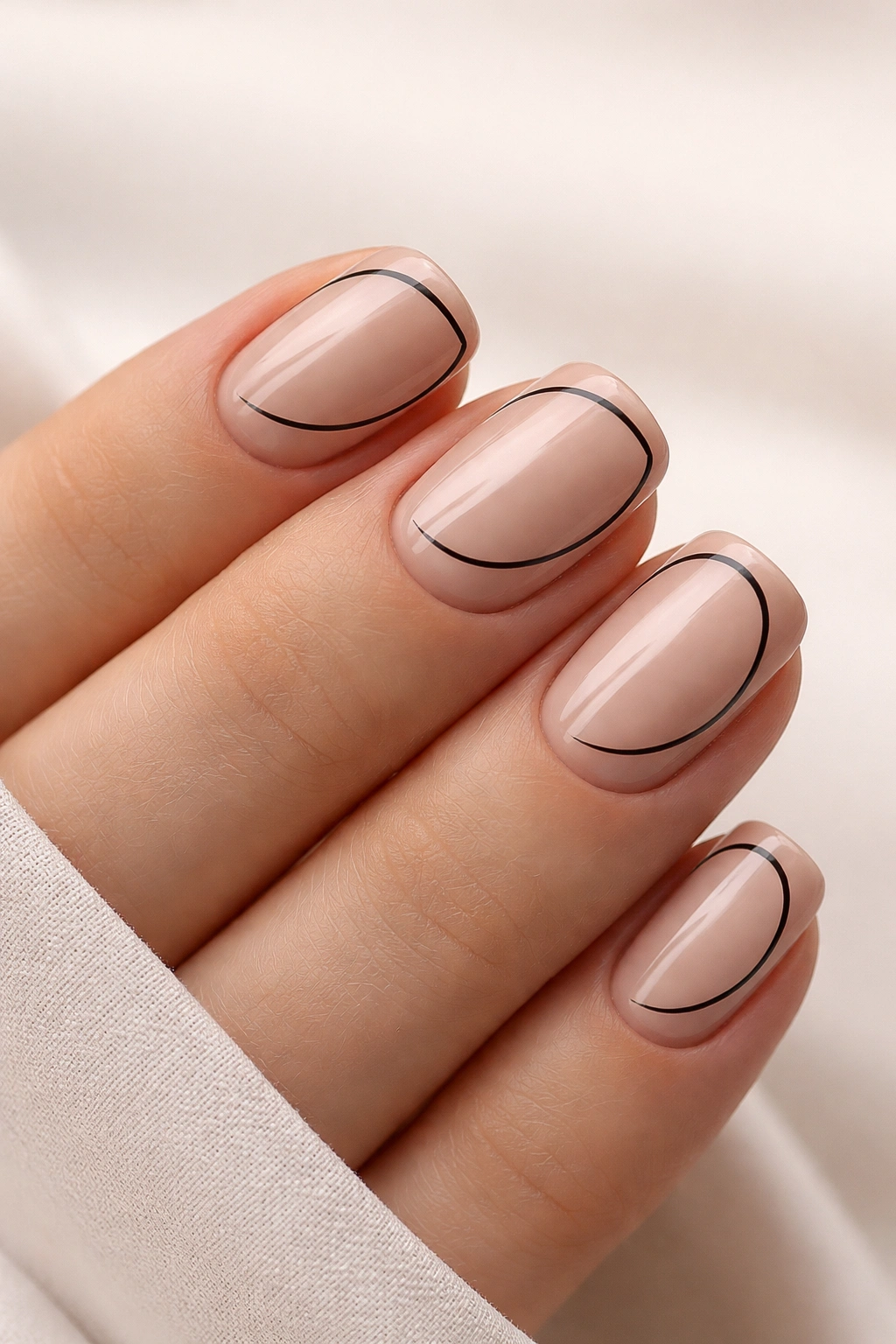 Close-up of short nails with nude base and delicate black line detailing.
