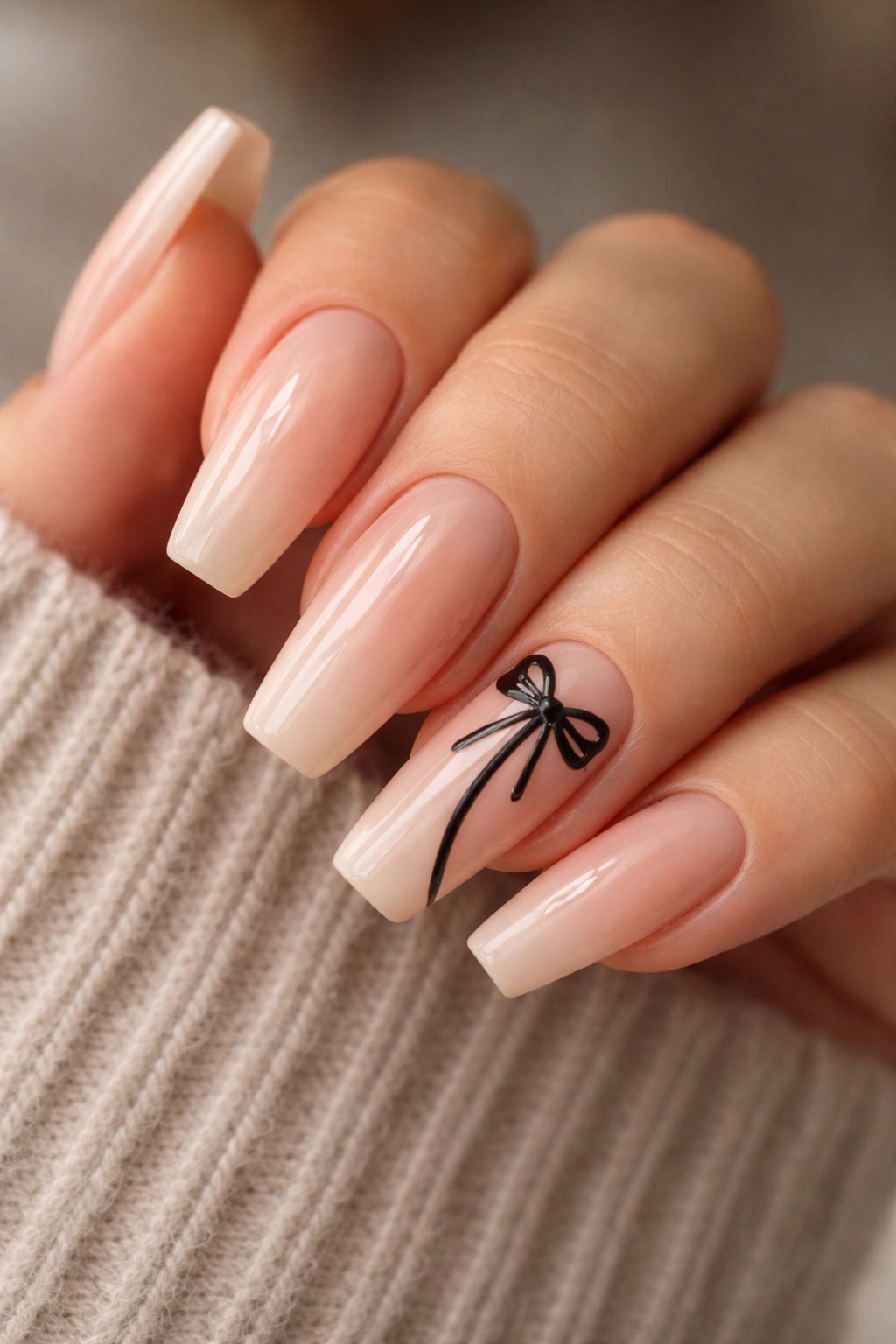 Glossy nude ballerina nails with a black ribbon accent