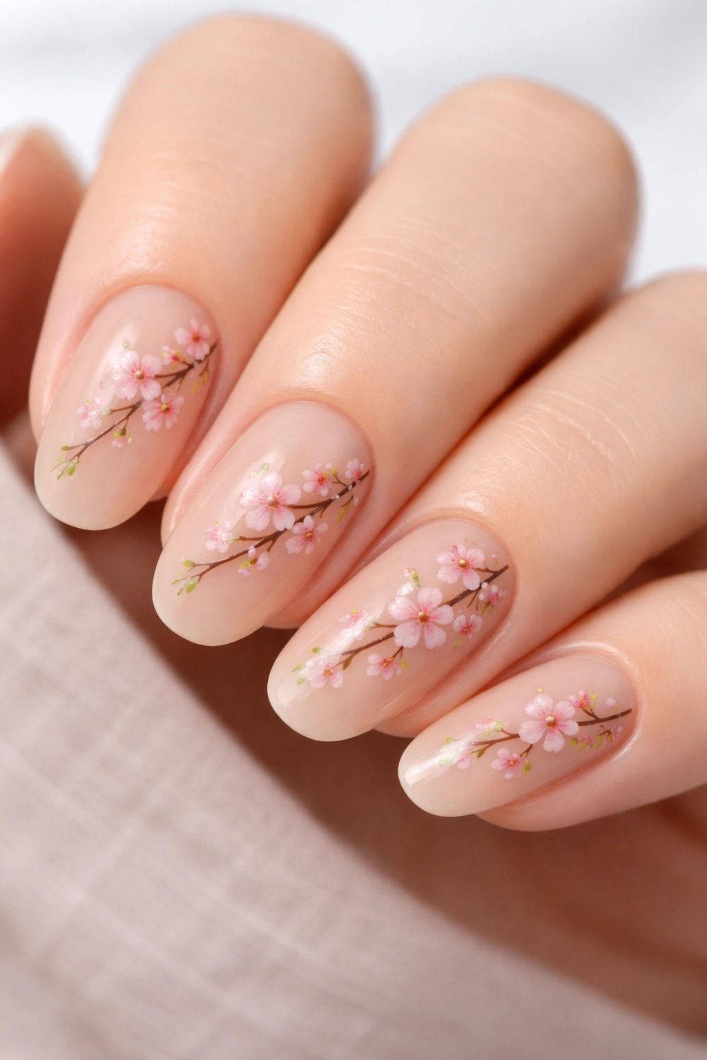 Nude nails with cherry blossom branch and leaves motif