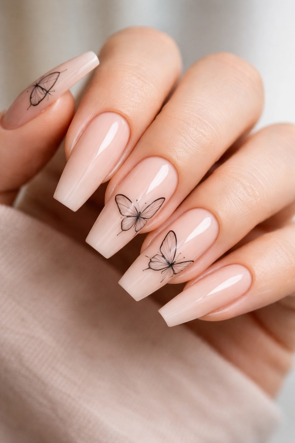 Nude ballerina nails with black butterfly line art.