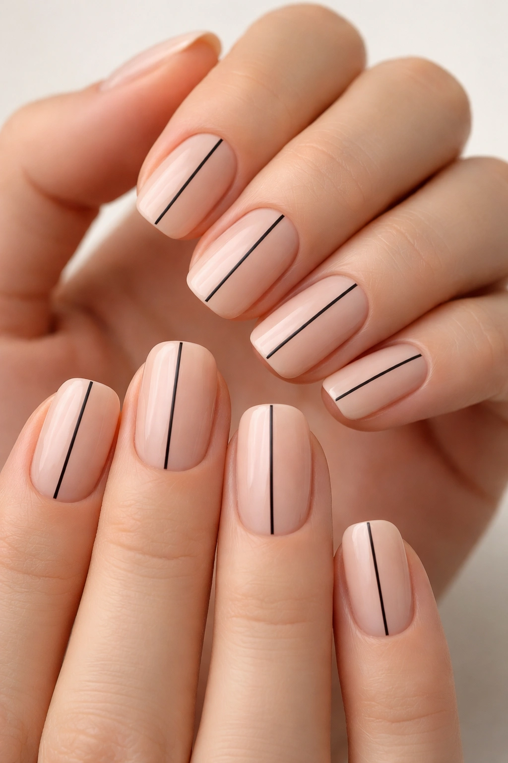 Close-up of nude nails with a thin black centerline