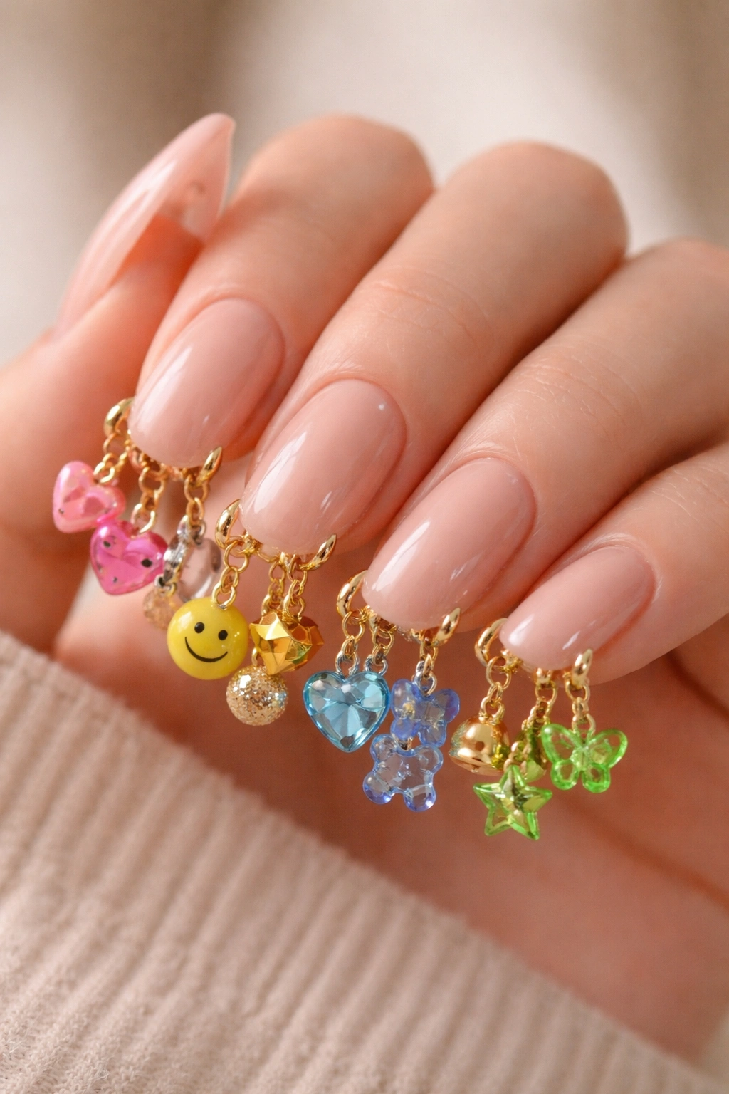 Nude nails with multicolored charm dangles on tips.